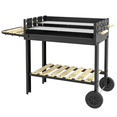 Outsunny Charcoal Grill,Barbecue Trolley with Double Adjustable Grill, Side Table, Storage Shelf and Wheels, Black