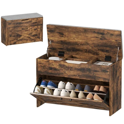 HOMCOM Shoe Storage Bench with Flip Drawer and Lift Top Storage, Entryway Bench with Seat Cushion for Hallway, Rustic Brown