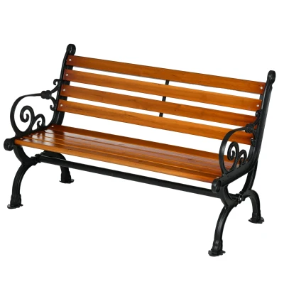 Outsunny 47 Inch Outdoor Garden Bench, Patio Loveseat with Unique Armrests, Slatted Seat Back, 528 lbs. Capacity, Teak Colour