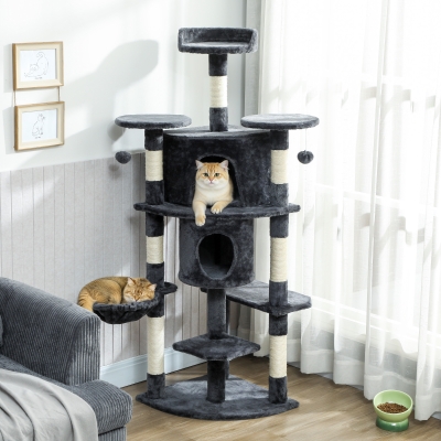 PawHut 62" Cat Tree with Scratching Post, 2 Condos, Hammock, Perches, Plush, Pompoms, for Indoor Cats, Dark Grey
