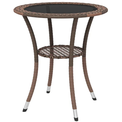 Outsunny Outdoor Rattan Dining Table, Patio Wicker Round Coffee Table with 2-Tier Storage Shelf, Brown