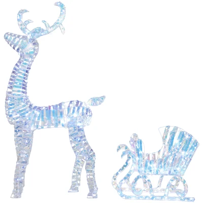 Outsunny Lighted Christmas Reindeer with Sleigh, Outdoor Reindeer with 170 LED Lights and Stakes, Holiday Decor, Silver