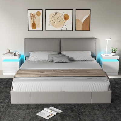 HOMCOM Nightstand Set of 2, End Side Tables with LED Lights, Bedside Tables with 2 Drawers, for Bedroom, White