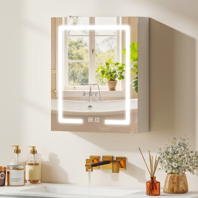 HOMCOM Bathroom Medicine Cabinet with Lights, Wall Mounted Mirror Cabinet with Demister Pad, Adjustable Shelves, White