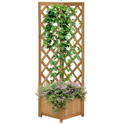 Outsunny Raised Garden Bed Wood Planter with Trellis for Vine Climbing, 16" x 16" x 57", Brown