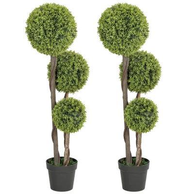 HOMCOM 45 Inch Potted Fake Plant Set of 2, Artificial Boxwood Topiary Tree, Triple Ball Tree for Indoor and Outdoor, Green