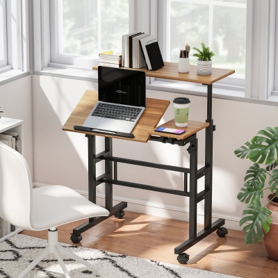 HOMCOM Mobile Stand Up Desk, Height & Angle Adjustable Computer Desk with Wheels for Standing or Sitting, Laptop Desk, Brown