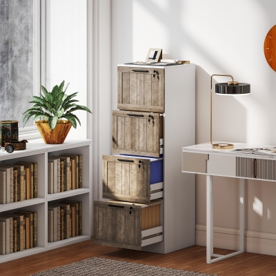 HOMCOM 4 Drawer Filing Cabinet, Farmhouse File Cabinet with Lock, Adjustable Hanging Rails for A4 Letter Size Files, White