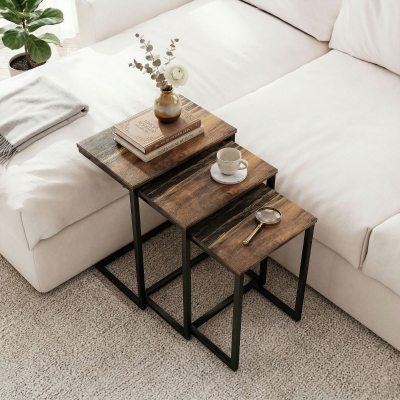 HOMCOM Nesting Coffee Table Set of 3, Stackable Rectangular End Tables with Wood-Effect Top, Metal Frame, Industrial & Rustic C-Shaped for Small Space, Living Room, Rustic Brown