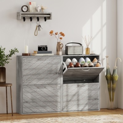 HOMCOM Shoe Storage Cabinet with 4 Flip Drawers, Narrow and Slim, 12-20 Pair of Shoes Organizer for Hallway, Entryway, Grey