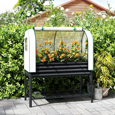 Outsunny Galvanized Metal Raised Garden Bed with Greenhouse Cover, Black