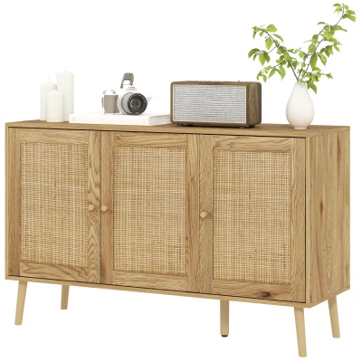 HOMCOM Bohemian Sideboard with Rattan Doors & Adjustable Shelf, Natural Wood Finish