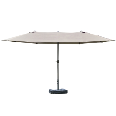 Outsunny 15' Outdoor Patio Umbrella with Twin Canopy Sunshade Steel Table Umbrella w/ Lift Crank, Cross base, Sandbag, Light Grey