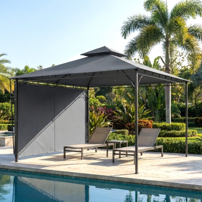 Outsunny Patio Gazebo with Double Roof Outdoor Gazebo Canopy with Extendable Shade 126" x126" Dark Grey