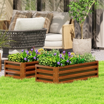 Outsunny Galvanized Raised Garden Beds, Outdoor Planter Box, Set of 2, for Flowers, Herbs and Vegetables, Brown Wood Effect
