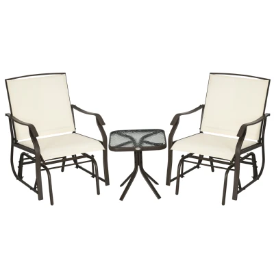 Outsunny 3 Piece Patio Glider Set Outdoor Gliders with Breathable Mesh Seat, Glass Top Table for Garden, Yard, Cream White