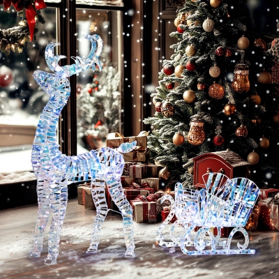 Outsunny Lighted Christmas Reindeer with Sleigh, Outdoor Reindeer with 170 LED Lights and Stakes, Holiday Decor, Silver