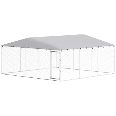 PawHut 14.8' x 14.8' x 7.1' Dog Kennel Outdoor for Small Medium Large Dogs with Waterproof Cover, Silver