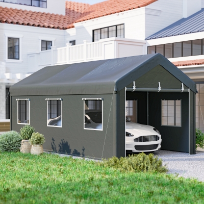 Outsunny 10' x 20' Carport, Heavy Duty Portable Garage with 6 Mesh Windows and 2 Doors, Dark Grey