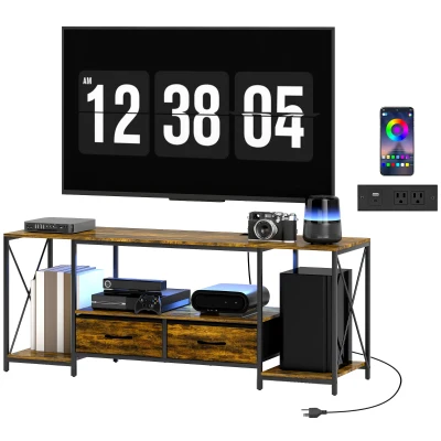 HOMCOM Industrial TV Stand for up to 55 Inch TV, TV Console with Charging Station and RGB LED Lights, Rustic Brown