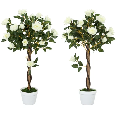Outsunny 3FT Artificial Plant White Rose Floral Set of 2 in Pot, Fake Plant for Home Indoor Decor