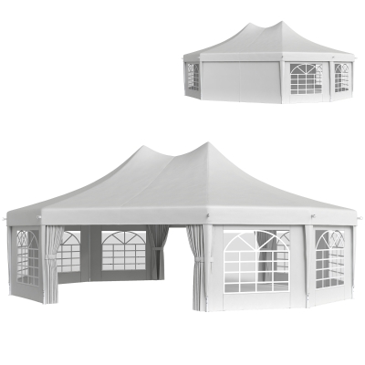 Outsunny 21' x 29' Wedding Event Party Tent High Peak Decagonal Outdoor Gazebo Canopy with Removable Walls White