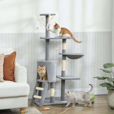 PawHut 53" Cat Tree Tower, Kitten Activity Centre with Scratching Posts, Condo, Perches, Ladder, Hammock, Dangling Toys, Grey
