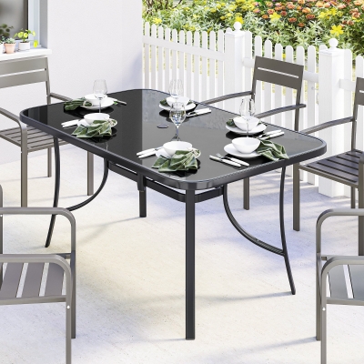 Outsunny Outdoor Dining Table for 6 with Umbrella Hole, Metal Patio Dining Table with Tempered Glass Top