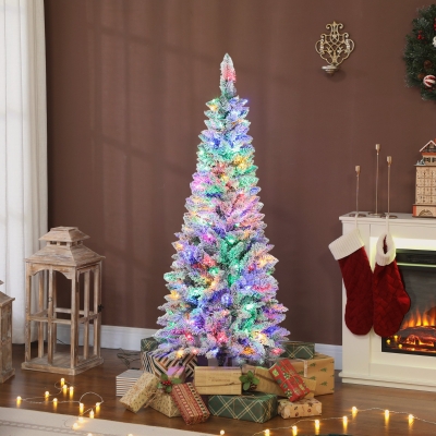 HOMCOM 5ft Flocked Christmas Tree with Dual Colour LED Light, Pencil Hinged Xmas Tree with 11 Light Modes, Easy Assembly