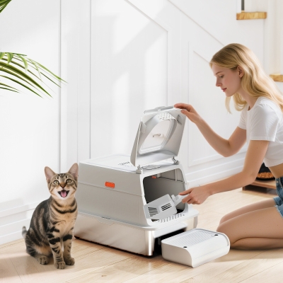 PawHut XL Stainless Steel Cat Litter Box, Kitty Litter Box with Flip Cover, Pedal, Deodorizer, for Big Cats