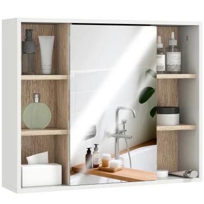 HOMCOM Wall-Mounted Bathroom Medicine Cabinet with Mirror, Over Toilet Bathroom Vanity Cabinet White & Oak