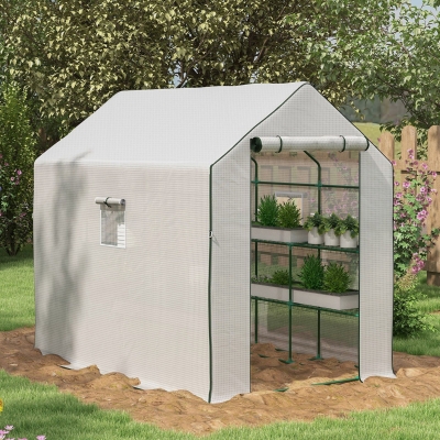 Outsunny Portable Greenhouse, Walk-In Small Outdoor Green House with 2 Tier U-Shaped Flower Rack Shelves, 4.6' x 4.7', White