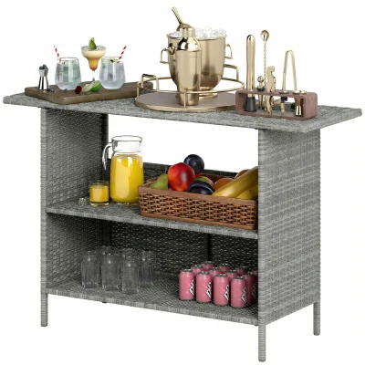 Outsunny Wicker Outdoor Bar Table, PE Rattan Bar Height Patio Table with 2 Shelves, Steel Frame for Garden, Backyard, Dark Grey