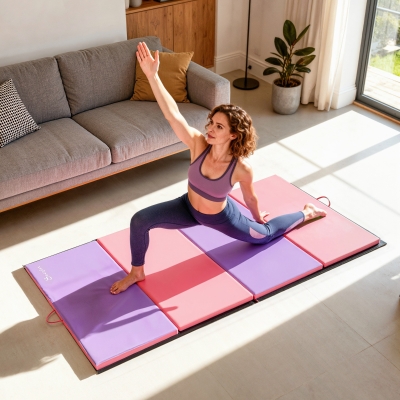 Soozier 4'x6'x2'' Folding Gymnastics Tumbling Mat, Exercise Mat  with Carrying Handles for Yoga, MMA, Martial Arts, Stretching, Core Workouts, Pink and Purple
