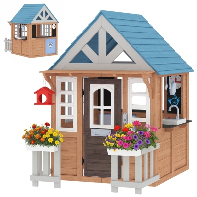 Qaba Wooden Kids Playhouse with Kitchen, Mailbox, Pet Door, Fence
