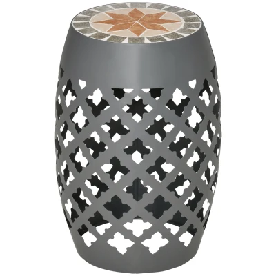 Outsunny Ceramic Decorative Garden Stool, 12" Drum Outdoor Stool Side Table Plant Stand for Outdoor Indoor, Grey