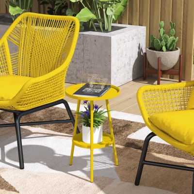 Outsunny Round Garden Table, 2-Tier Small Side Table, Metal Patio Table Coffee Table Dining Table, Yellow