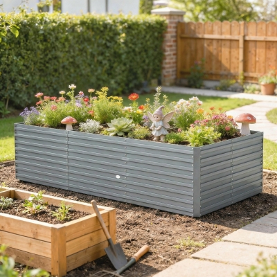 Outsunny 8' x 4' x 2' Raised Garden Bed, Galvanized Planter Box for Growing Flowers, Herbs and Vegetables, Light Grey