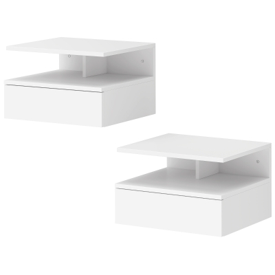 HOMCOM Floating Nightstand Set of 2, Wall Mounted Bedside Table with Drawer and Shelf, Small Night Stand for Bedroom, White