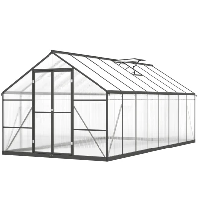 Outsunny Polycarbonate Greenhouse, Walk-in Green House with Two Top Windows, Rain Gutter and Swing Door, 8' x 16' x 7', Dark Grey