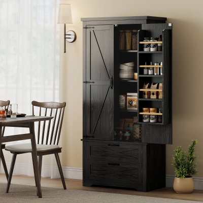 HOMCOM Farmhouse Kitchen Pantry Storage Cabinet, 64" Freestanding Kitchen Pantry Cabinet with Drawers, Distressed Black
