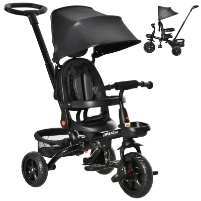 Qaba Tricycle for Toddler 4 in 1 Kids Trike with Reversible Adjustable Seat, Baby Push Bike with Removable Handle, Curved Canopy, Belt Storage Brake Clutch for 1-5 Years, Black