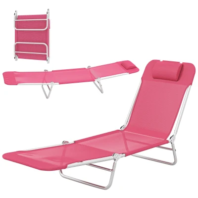 Outsunny Folding Lounge Chair, Portable Tanning Chair with Adjustable Backrest, Pillow for Beach Poolside Patio, Pink