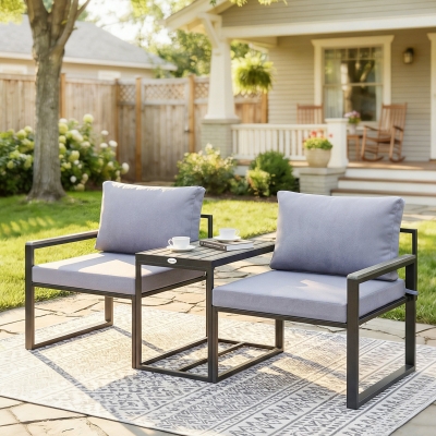 Outsunny Outdoor Bistro Set, Patio Furniture Set with 2 Chairs and Side Table for Garden Balcony Poolside, Grey