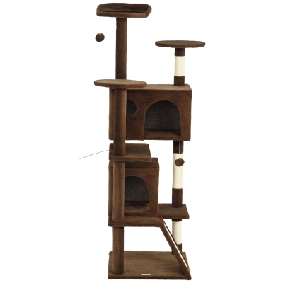 PawHut 63" Cat Tree, Multi-Level Cat Tower with Scratching Posts, Cat Condos, Bed, Platforms, Ramp, Toy Ball, Light Brown