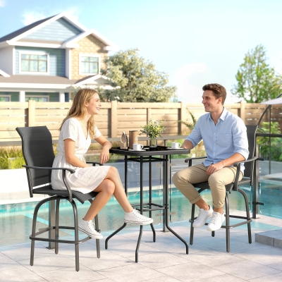 Outsunny Outdoor Bar Table with Umbrella Hole, 41.3" Bar Height Patio Table with Glass Top and Metal Frame, Black