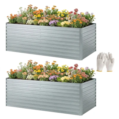 Outsunny Set of 2 Galvanised Raised Garden Bed, 6 x 3 x 2 ft Metal Garden Bed with Safe Edging, Silver
