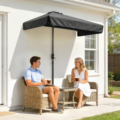 Outsunny 7.5ft Half Umbrella Semi Round Patio Parasol with Crank Handle, Top Vent for Garden, Balcony- NO BASE INCLUDED, Black