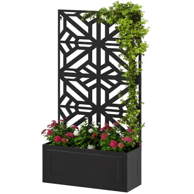 Outsunny Metal Raised Garden Bed with Trellis for Climbing Plants, Freestanding or Wall Mounted Flower Bed with Privacy Panel