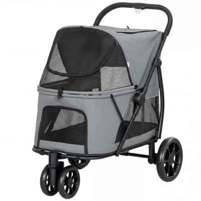 PawHut 3-Wheel Pet Stroller with Quick Fold & Mesh Window, Gray